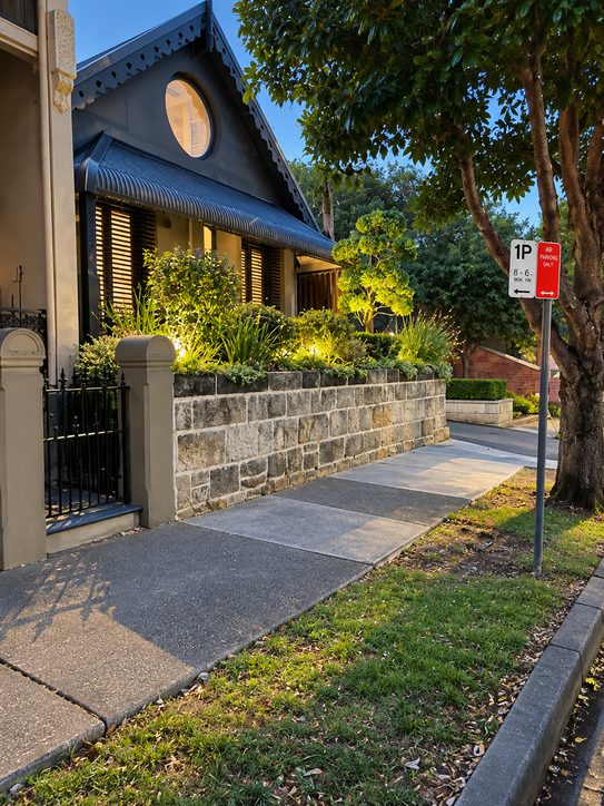 A cottage at dusk, its garden bed lit by uplights behind a sandstone wall