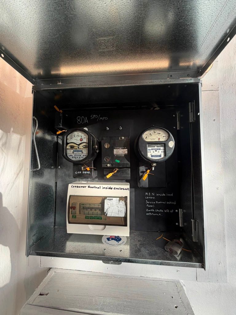 Inside a meter box: analogue meters and a panel below them