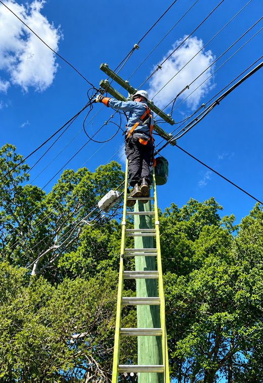 An electrician in a safety harness on a ladder, working at overhead service mains on a power pole
