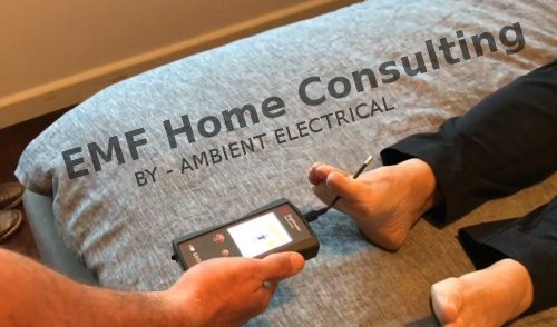 A handheld meter taking an EMF reading beside a bed