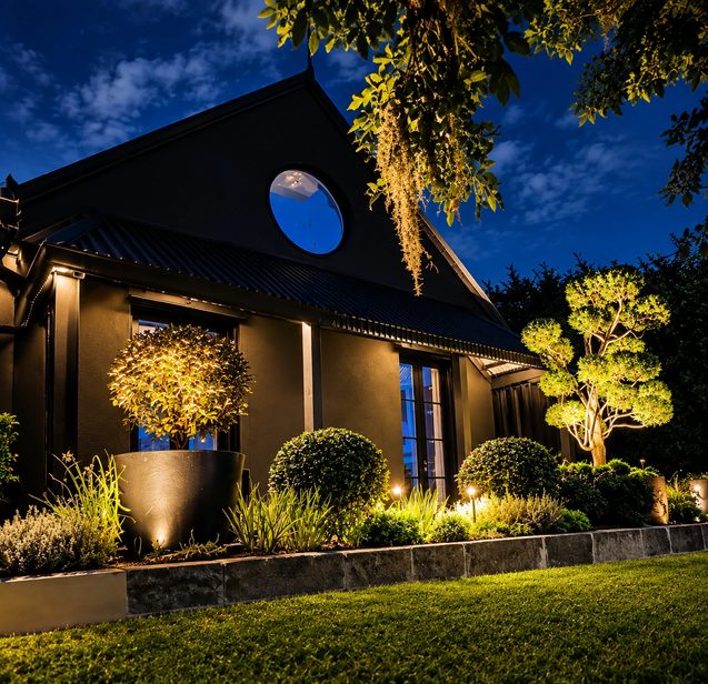 A dark house at night, with uplit topiary trees and path lights along the garden bed