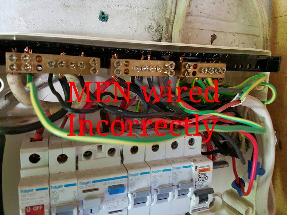 A switchboard with the MEN connection marked as wired incorrectly