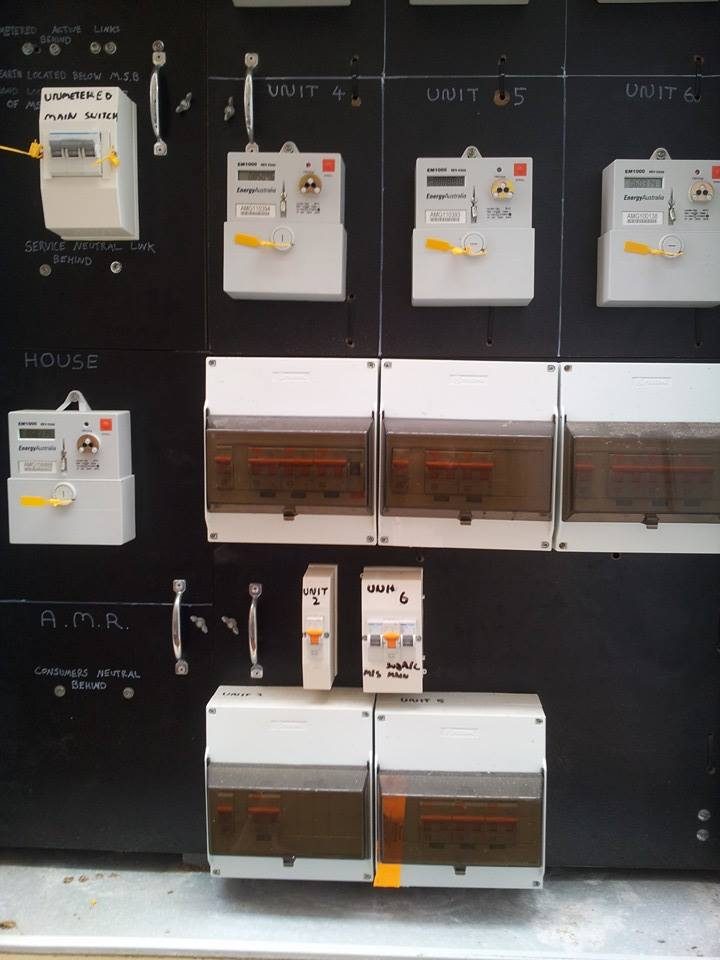 A multi-unit meter panel with a meter and breaker enclosure for each unit