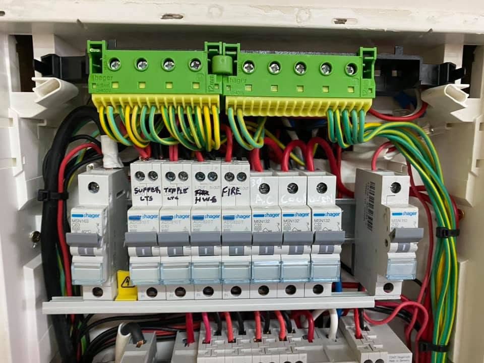 Close-up of a new switchboard's breakers and safety switches with neat wiring above