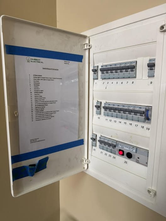 A finished switchboard with its circuit schedule fixed inside the door